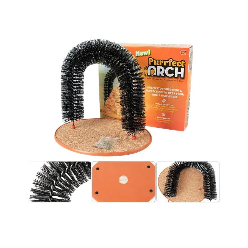 Plastic cat grooming arch with built-in brush bristles for scratching and rubbing
