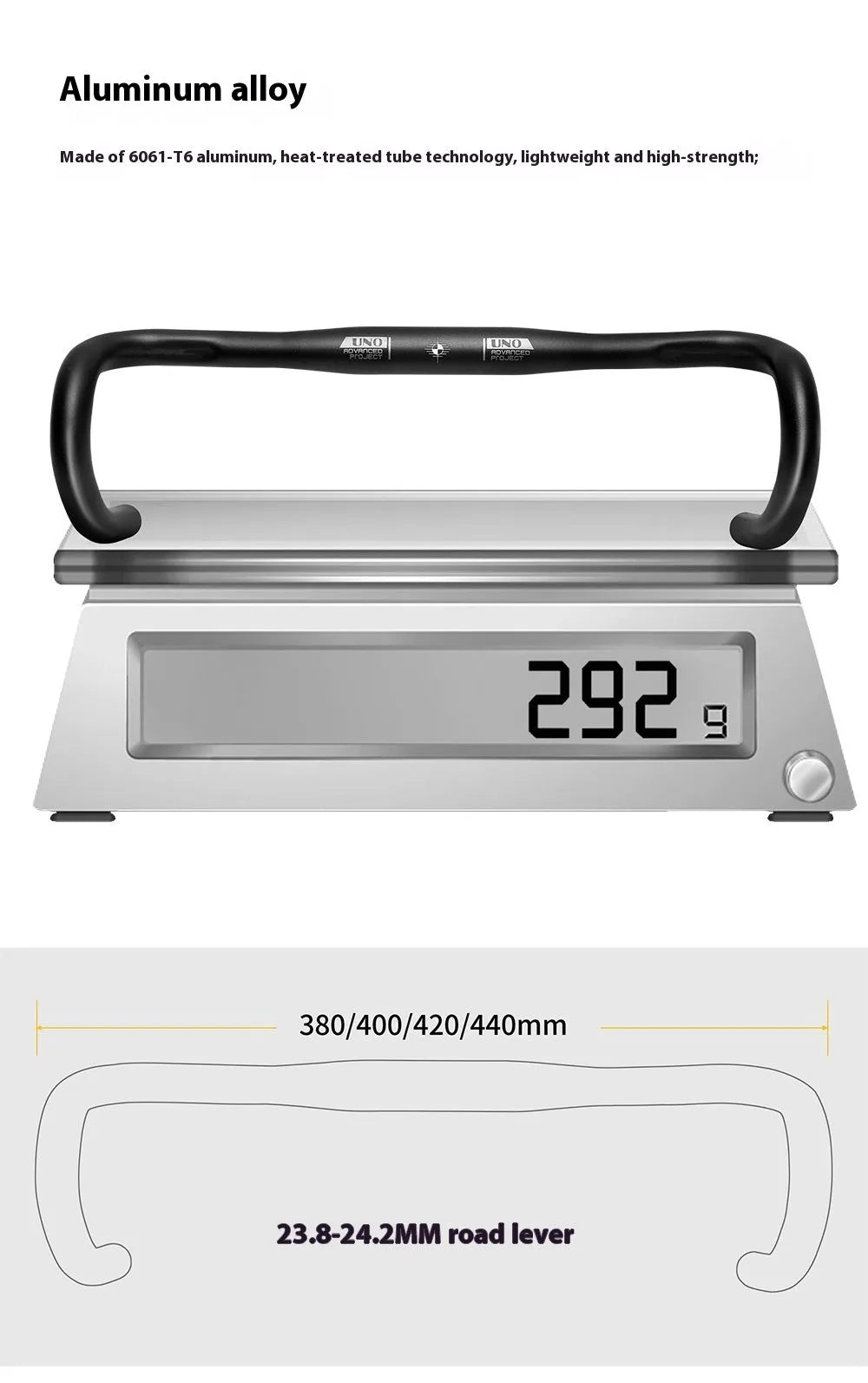 Black aluminium alloy road bike bent handlebar showing clamp area and printed size marking.