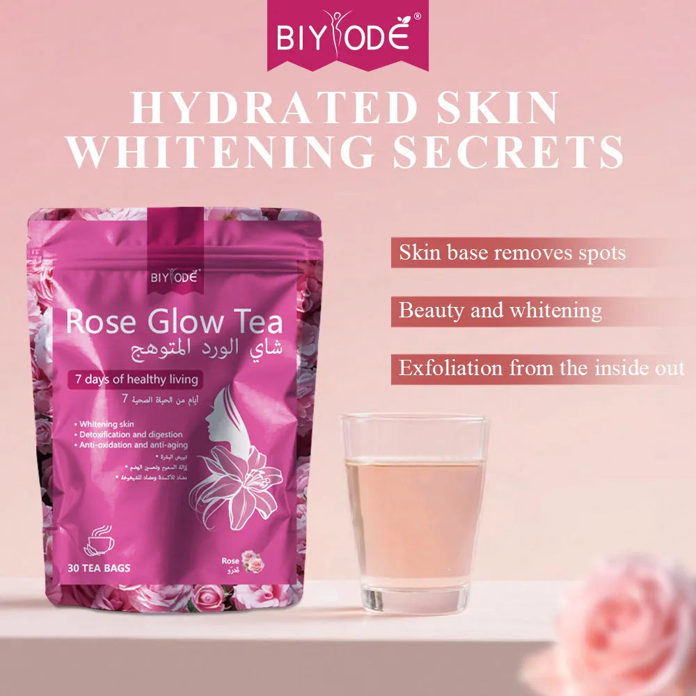 Rose Glow herbal supplement tea bag box with 30 tea bags and chrysanthemum ingredients for skin brightening