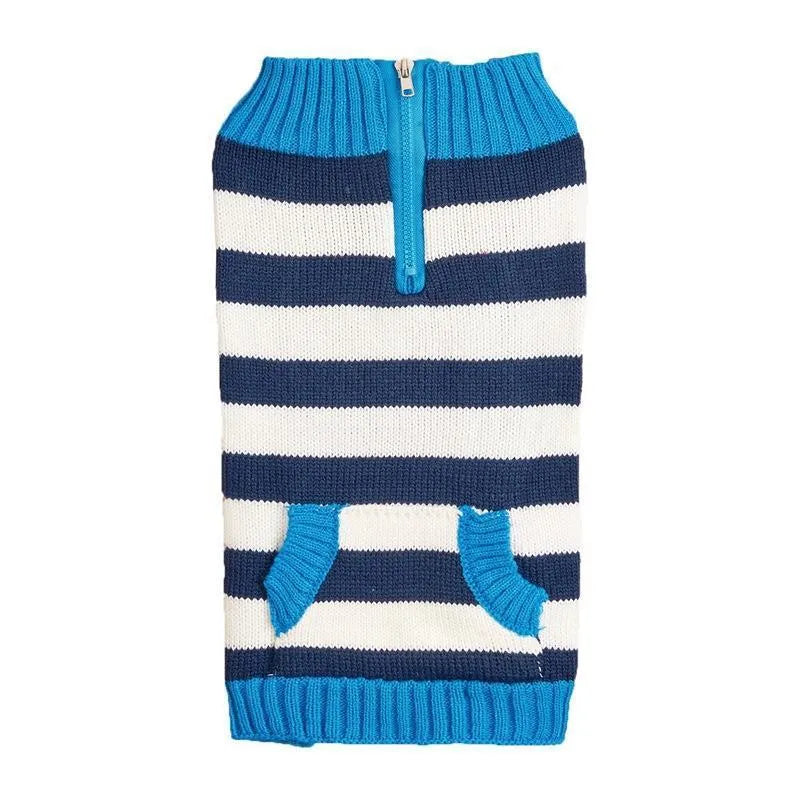 Grey dog sweater with horizontal zipper and blue button pocket on small dog