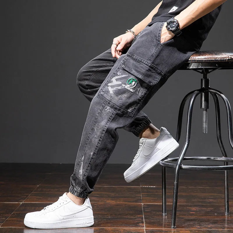 Men's loose cargo casual jeans in micro-elastic cotton with Korean-style straight cut and non-ironing finish