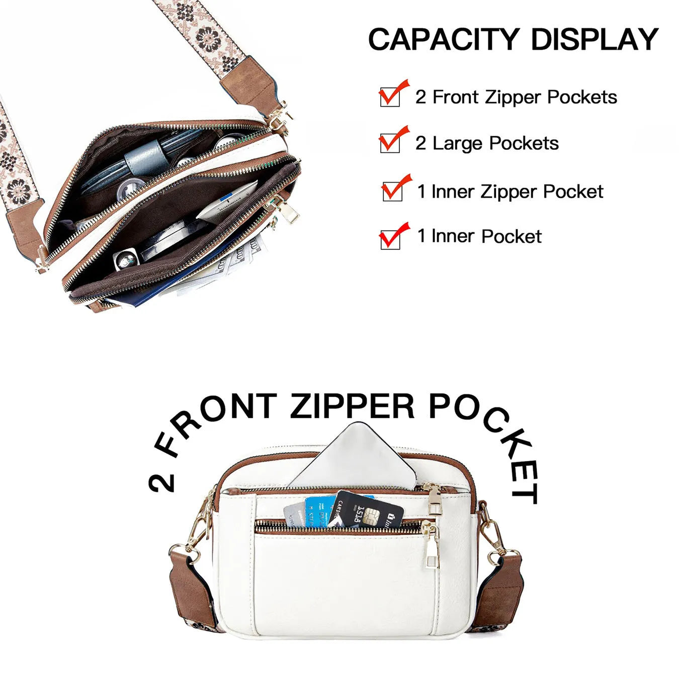 Triple-zipper colourblock crossbody bag with floral embroidered strap for women