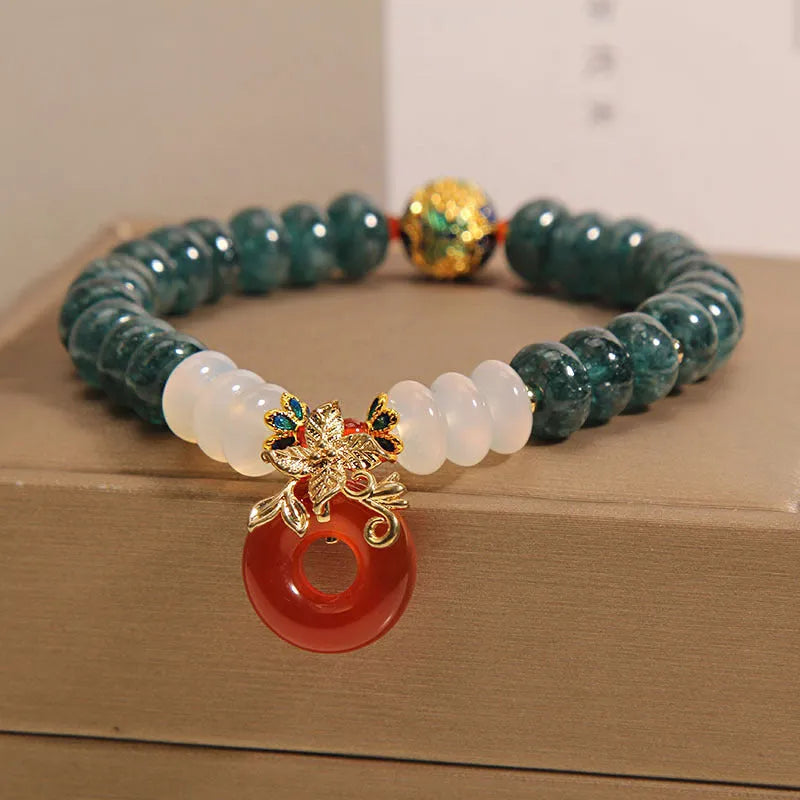 Blue water jade abacus beads and red agate peace buckle crystal bracelet with rhinestones