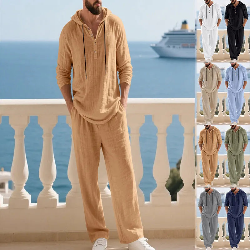 Men's cotton blend hooded loungewear set with long sleeves and pants in khaki colour