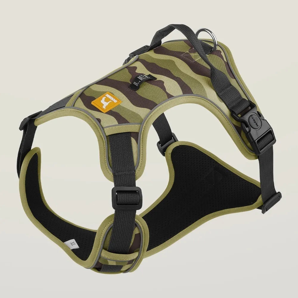 Orange reflective dog commuter rope with chest and back harness and hand-holding lead on a grey background