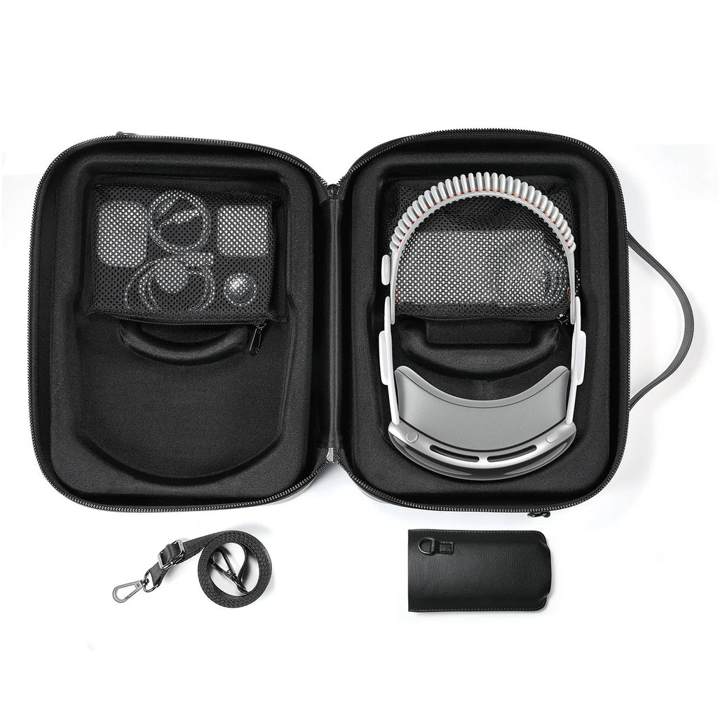 Black superfiber Vision Pro MR glasses storage box showing size and compact design.