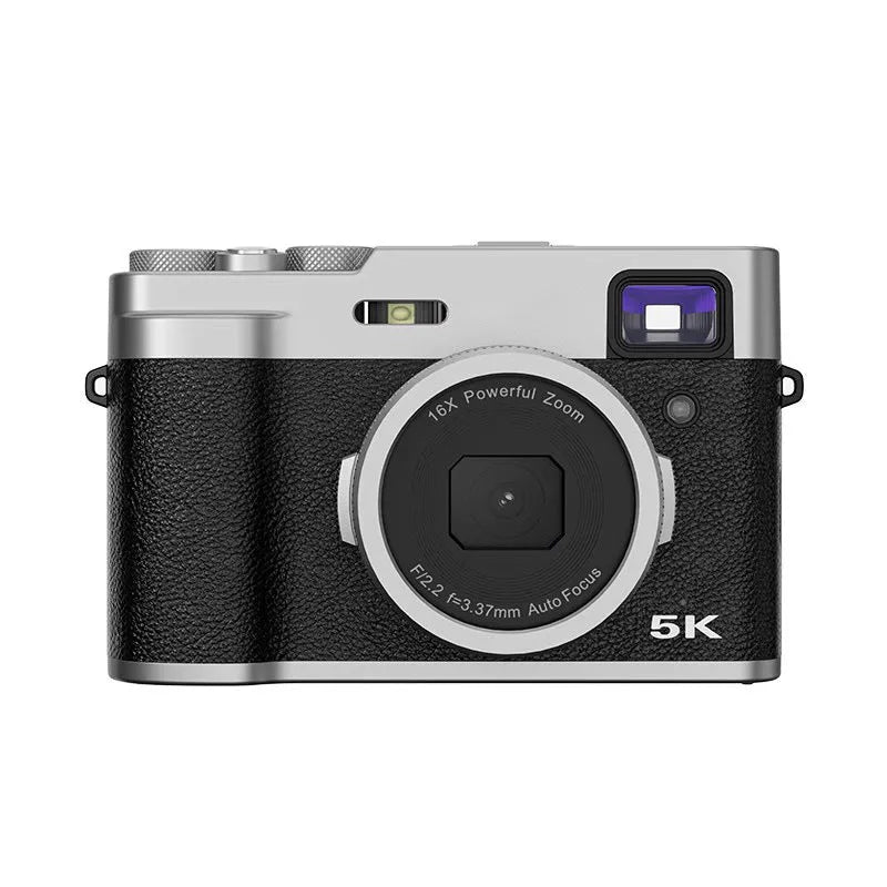 Black 5K digital camera with dual lenses and optical viewfinder displayed with accessories