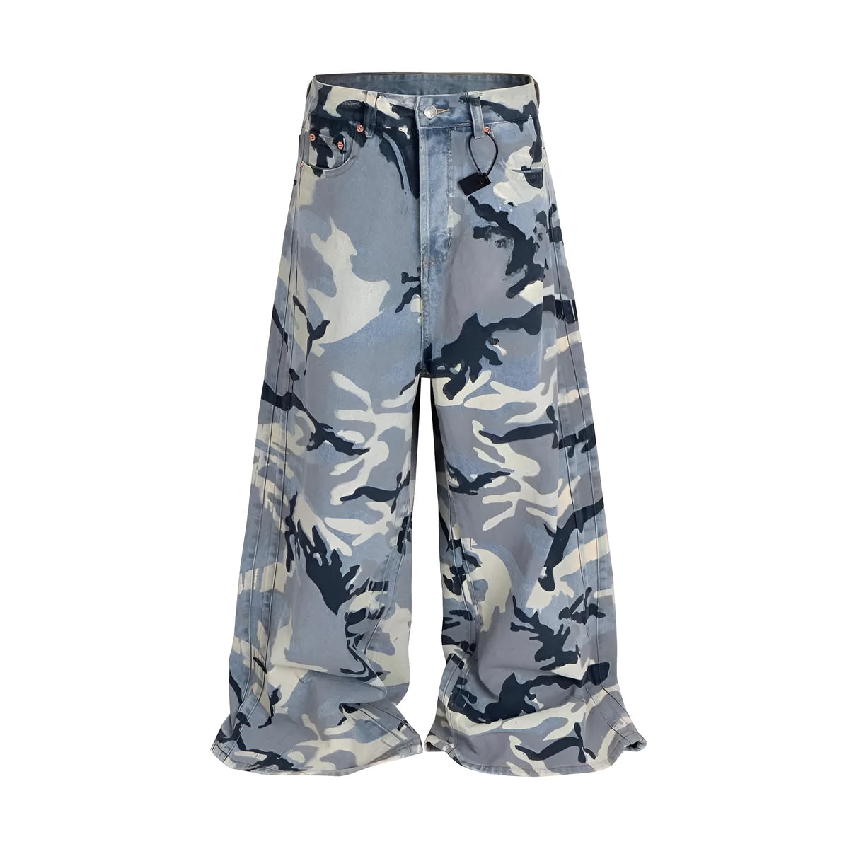 Snow camouflage blue loose fit jeans with mid-waist design and stretch denim fabric