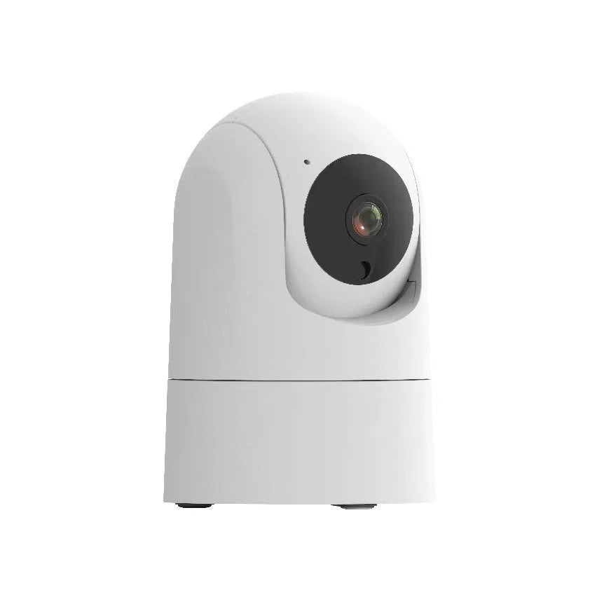 White indoor pan tilt security camera with microphone and speaker for two-way voice on a desk.