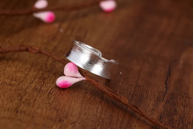Adjustable opening Korean frosted sterling silver ring with geometric shape
