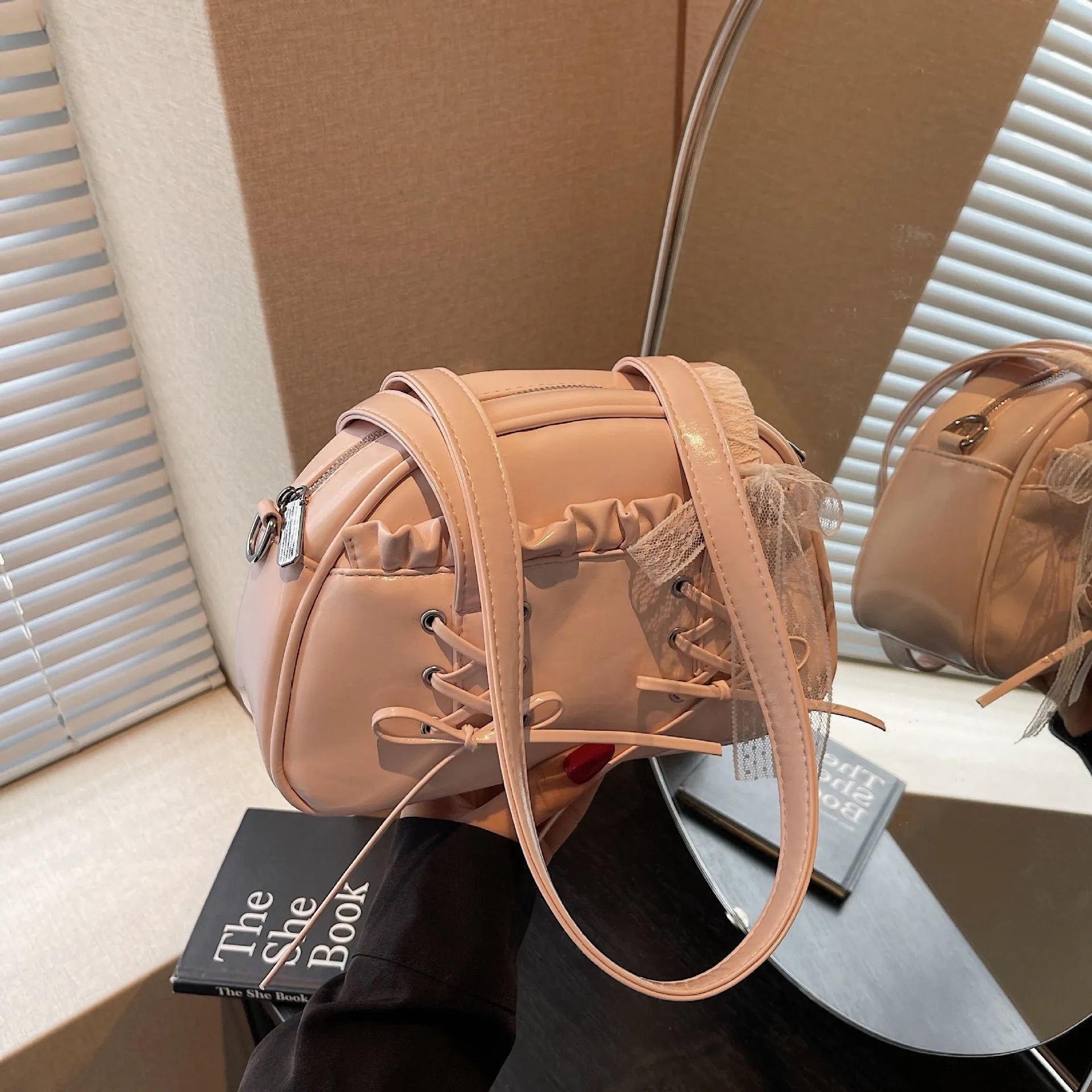 Women's bandage bow design PU leather shoulder handbag with mobile phone compartment in milky white colour