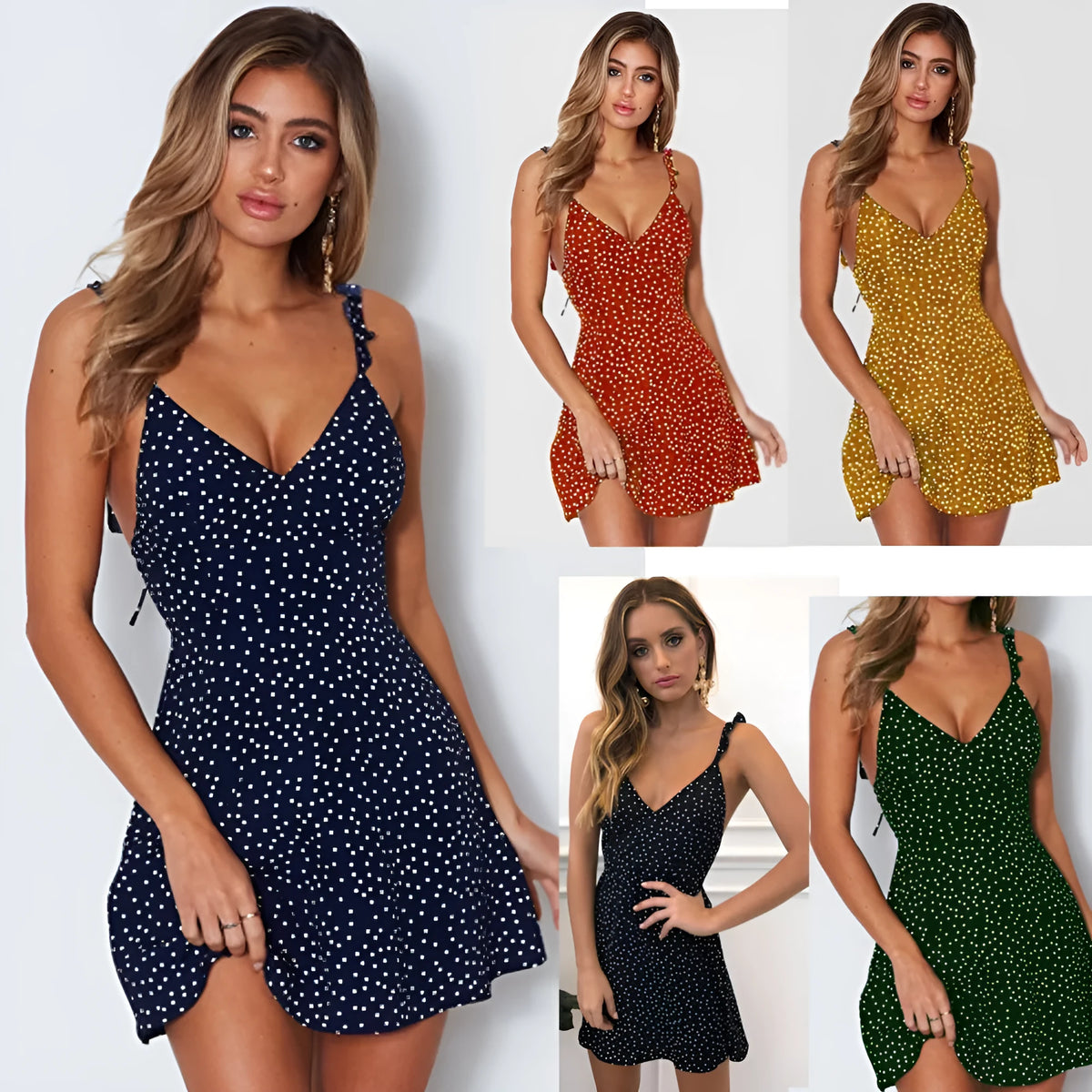 Polka-dot strappy dress women's sleeveless V-neck short skirt summer beach sundress