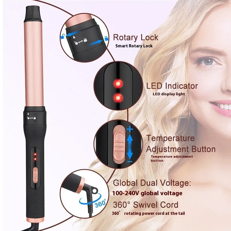 Three-barrel water wave hair curler with wired power cord and interchangeable styling tubes