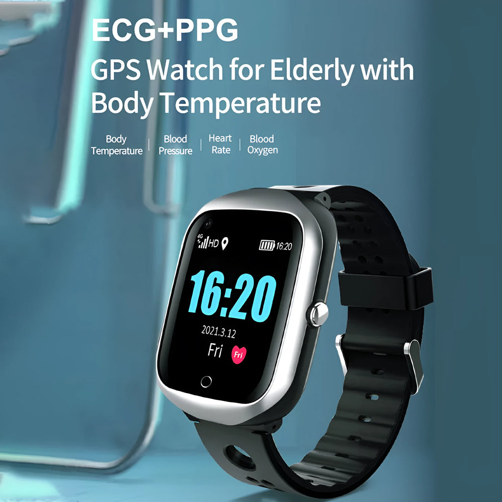 Intelligent positioning phone watch for elderly with square screen and silicone strap in black blue silver