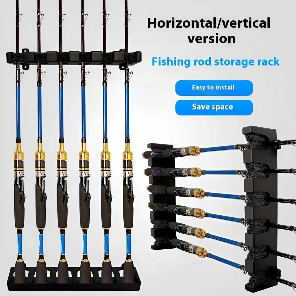 Black ABS plastic wall-mounted fishing rod holder in horizontal and upright mounting styles