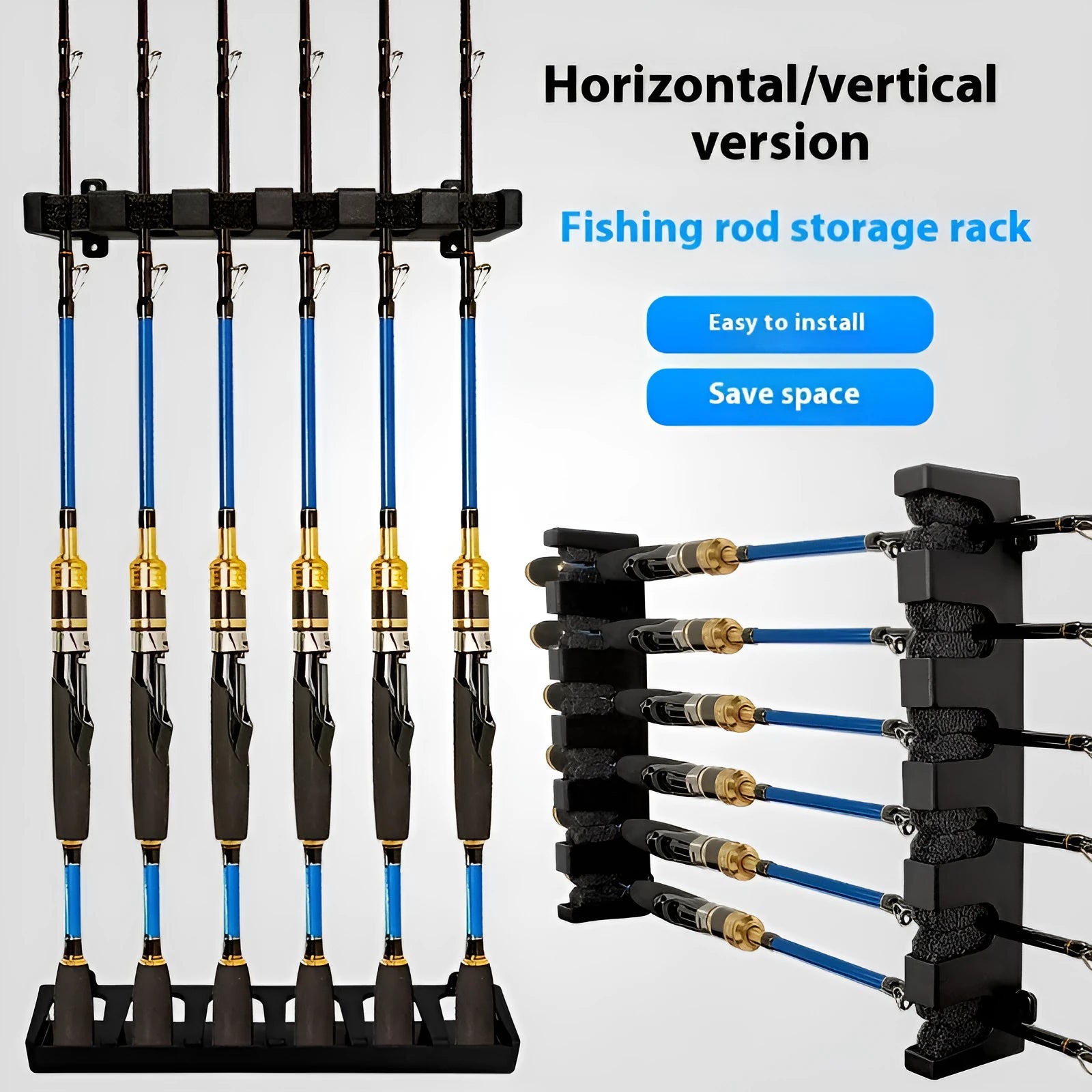 Black ABS plastic wall-mounted fishing rod holder in horizontal and upright mounting styles