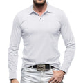 Men's dark grey polo collar long sleeve cotton T-shirt on a hanger