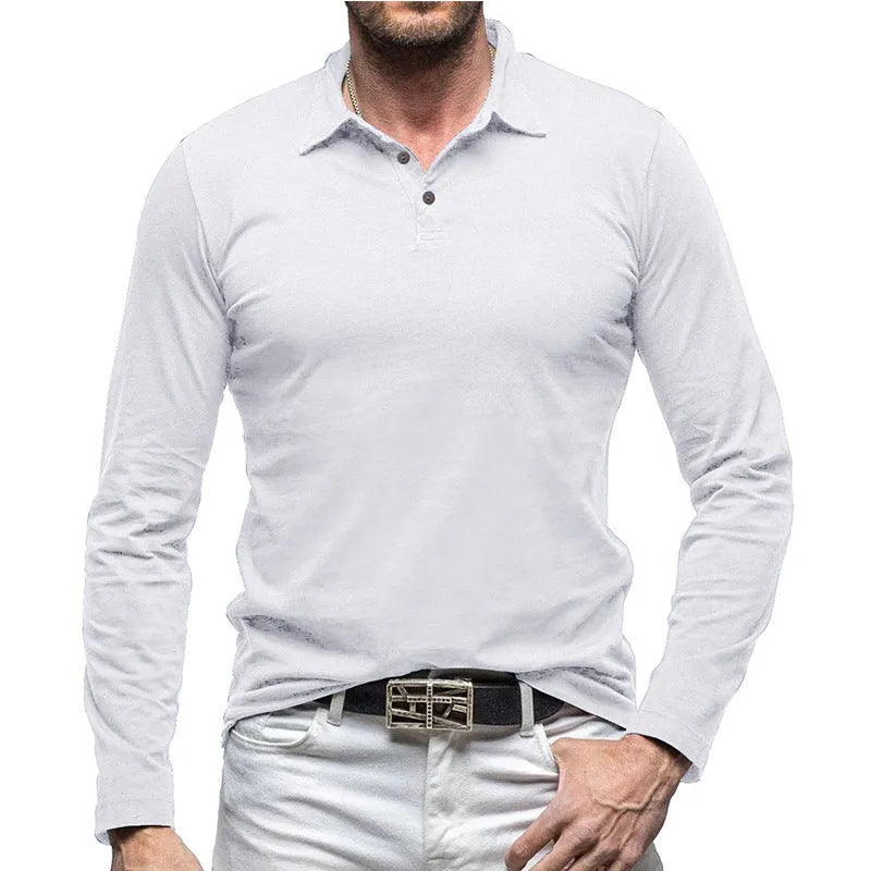 Men's dark grey polo collar long sleeve cotton T-shirt on a hanger