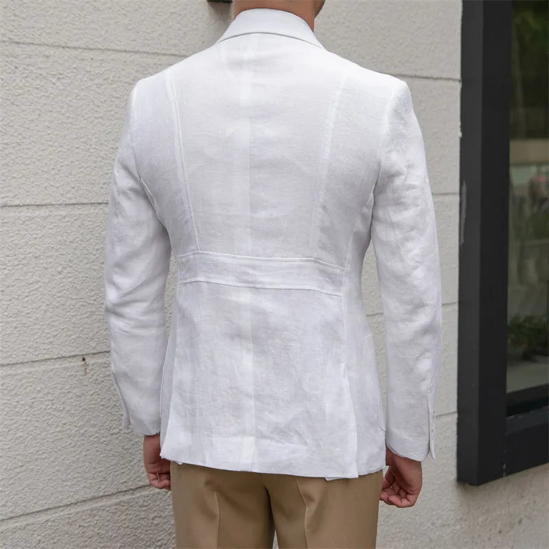 Thin breathable 100% linen casual suit jacket with double-breasted button placket in white, sky blue, and caramel colours