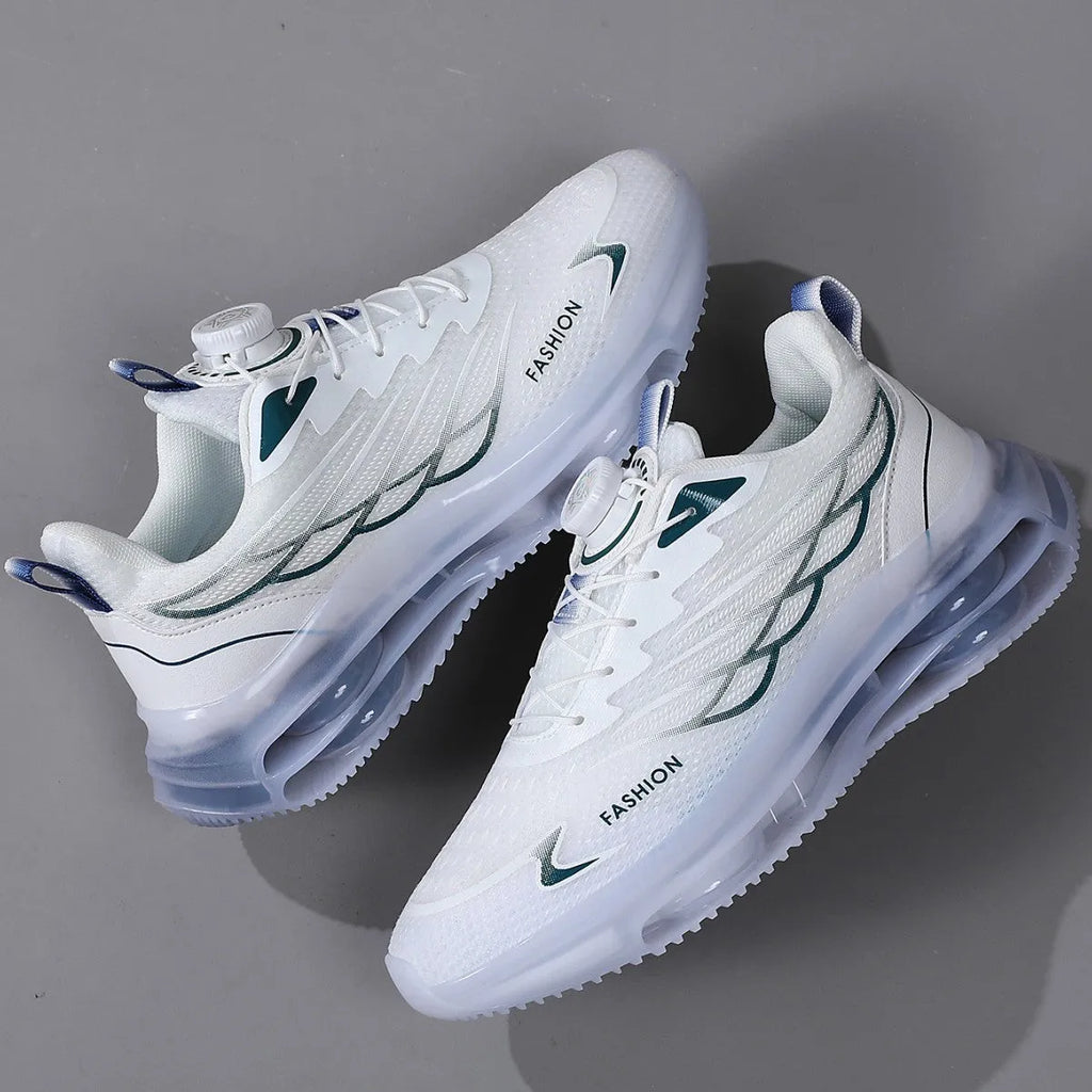White mesh casual shoes with rotating button closure and round toe design