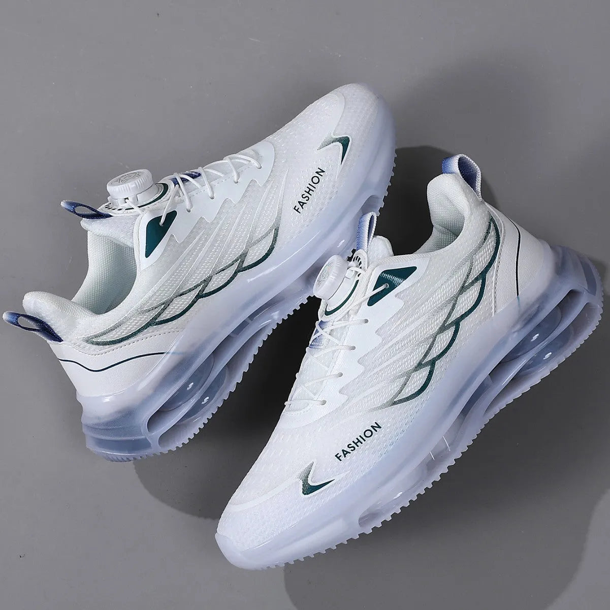 White mesh casual shoes with rotating button closure and round toe design