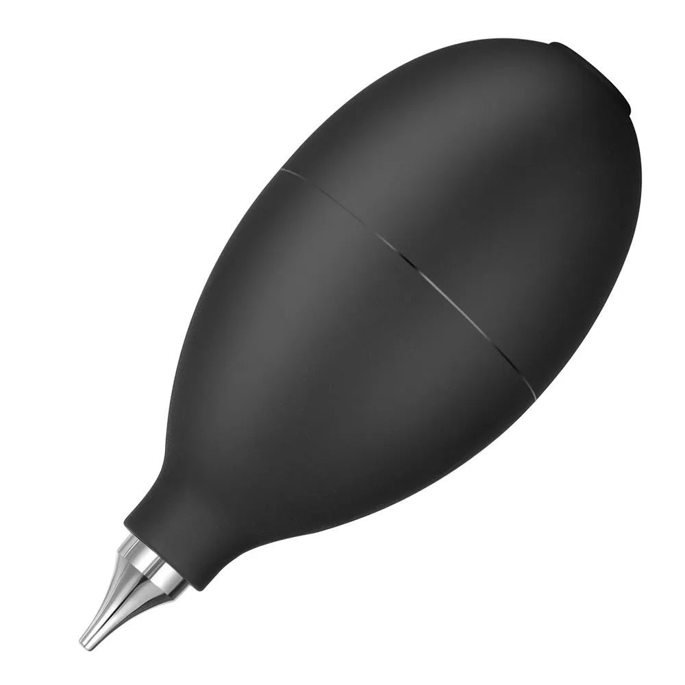 Blue handheld rubber dust removal blower tool for cleaning cameras and phones on a white background.