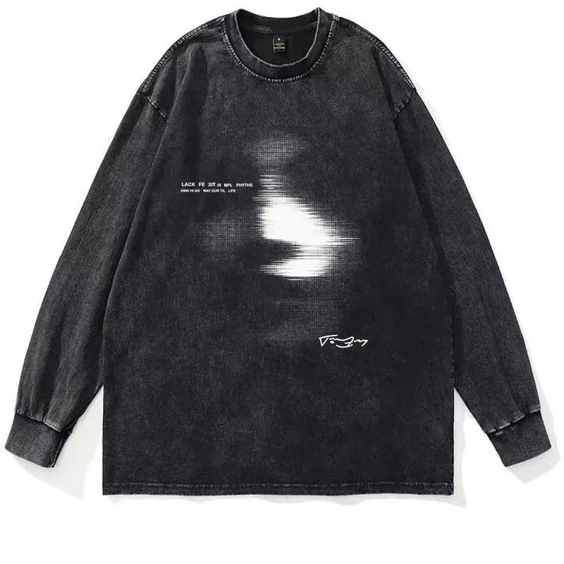 American style distressed 230g heavy cotton long sleeve T-shirt, loose fit, round neck, character pattern, men's sizes M-XXXL