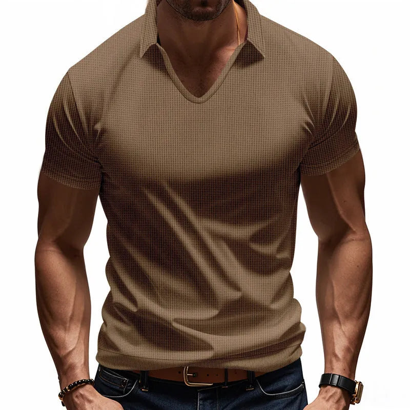 Men's V-neck short sleeve t-shirt in apricot colour with loose casual fit and thin cotton blend fabric