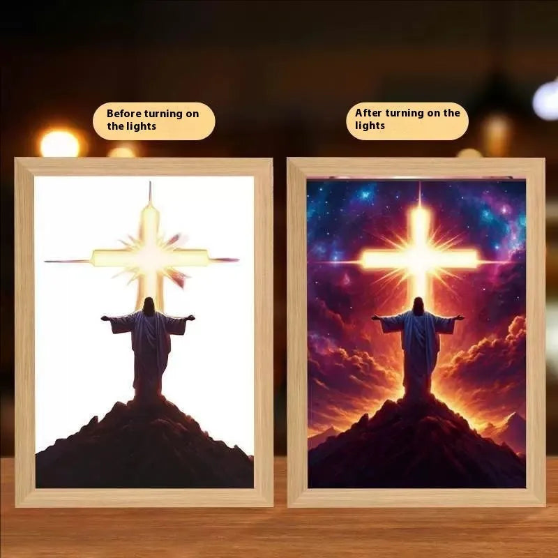 Modern rectangular LED light painting picture frame with illuminated decorative design on wall