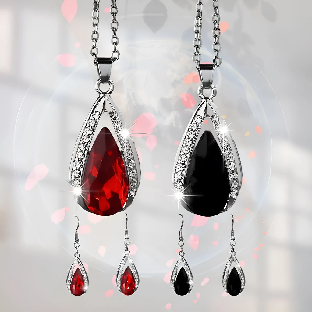 Black and red teardrop shaped glass pendant necklace and matching earrings alloy jewellery set