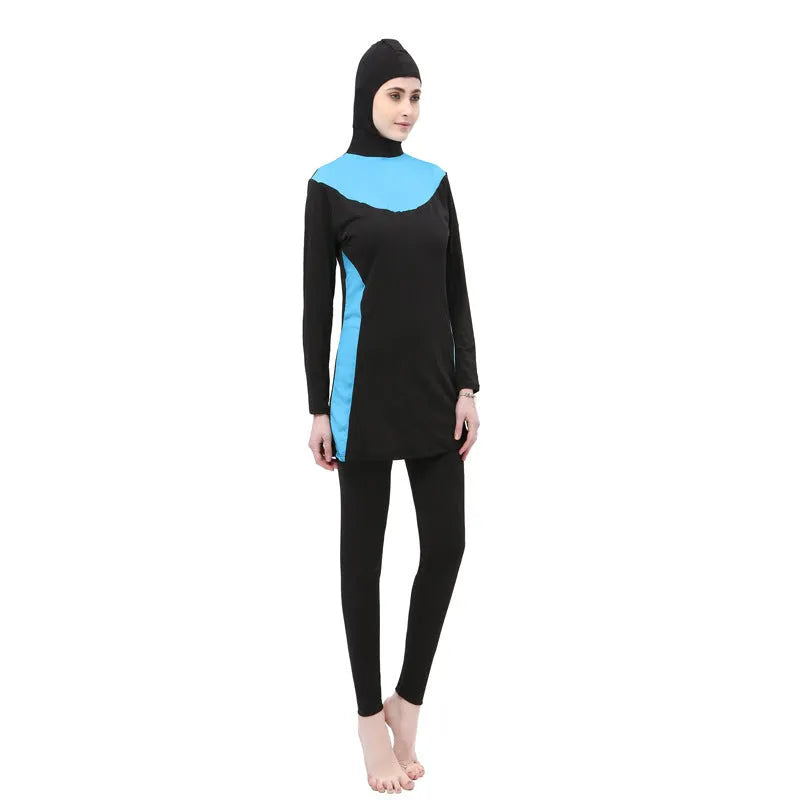 Conservative women's hooded swimsuit with long sleeves in black with coloured trim