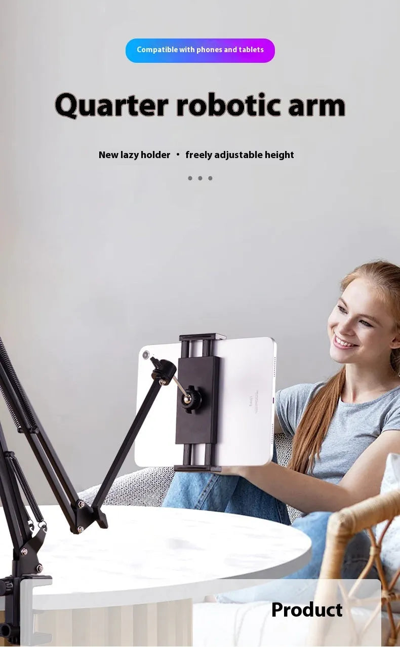 Black foldable metal desktop cantilever bracket holding a tablet at an angle.