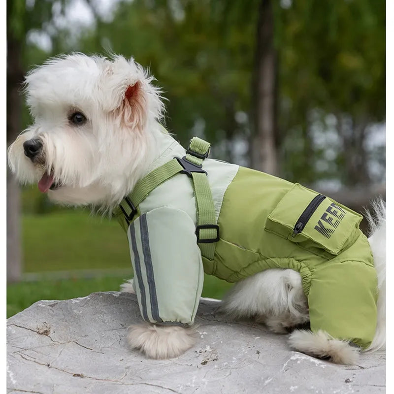 Autumn winter dog raincoat for small medium dogs windproof waterproof four-legged cotton coat with reflective stripes blue colour