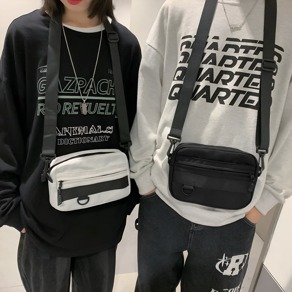 Men's nylon messenger bag in street fashion style with crossbody strap and sewing thread detailing