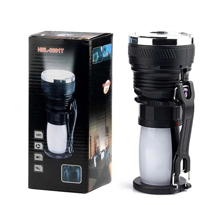 Black solar-panel and USB rechargeable LED flashlight for outdoor and emergency use.