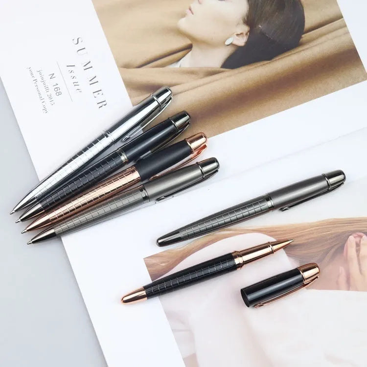 Gun grey metal roller pen with water-based ink refill showing 13.5cm length