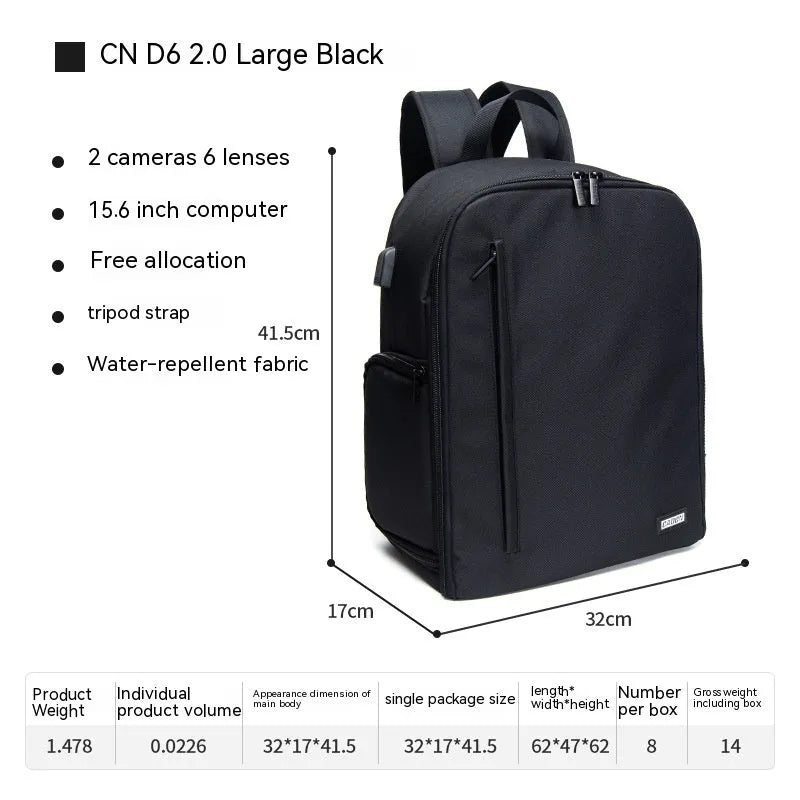 Casual solid colour polyester DSLR camera bag backpack with curved shoulder strap for 14-inch notebook storage