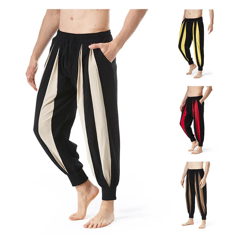 Men's straight-leg casual trousers in brown, khaki, red, and yellow colour options