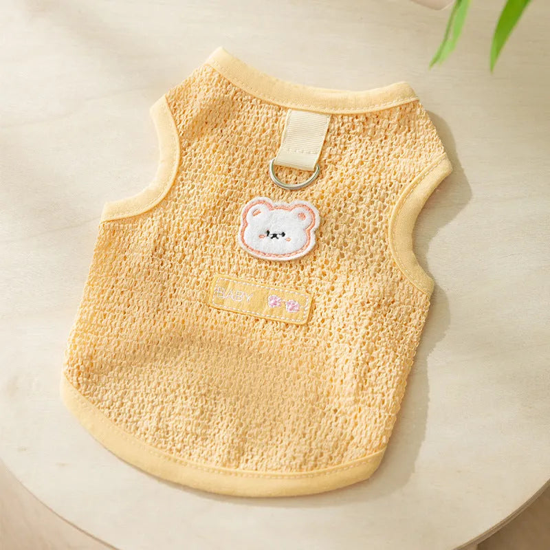 Green cat clothes with hollowed-out bear patch design made from knitted fabric