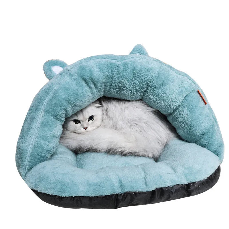 Soft cozy pet cave bed in beige, blue, or grey, sizes M 60x48x28cm and S 45x36x22cm for dogs, cats, and kittens