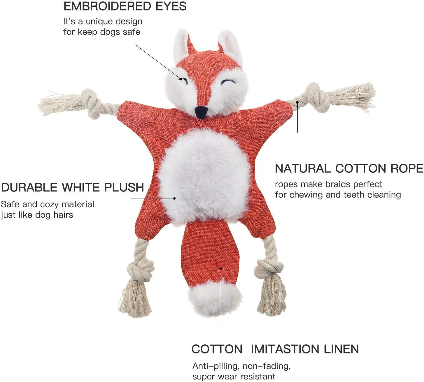 Brown plush fox dog toy with cotton rope limbs and embroidered eyes on a white background.