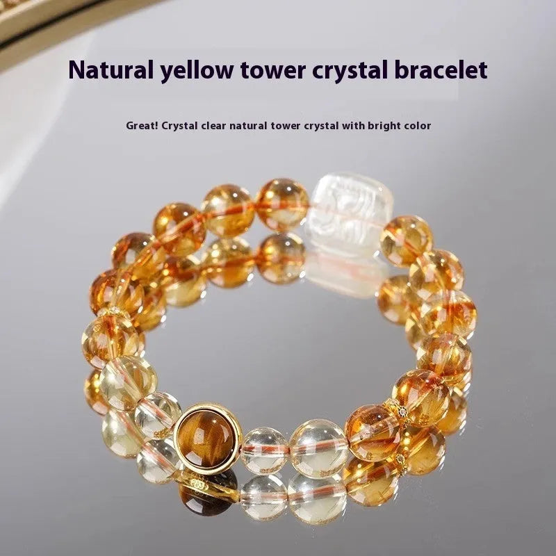 Women's ethnic carved citrine bracelet with 10mm geometric crystal beads