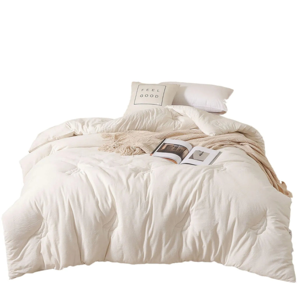 Soybean fibre quilt with pure cotton cover in grey colour showing twill weave texture detail