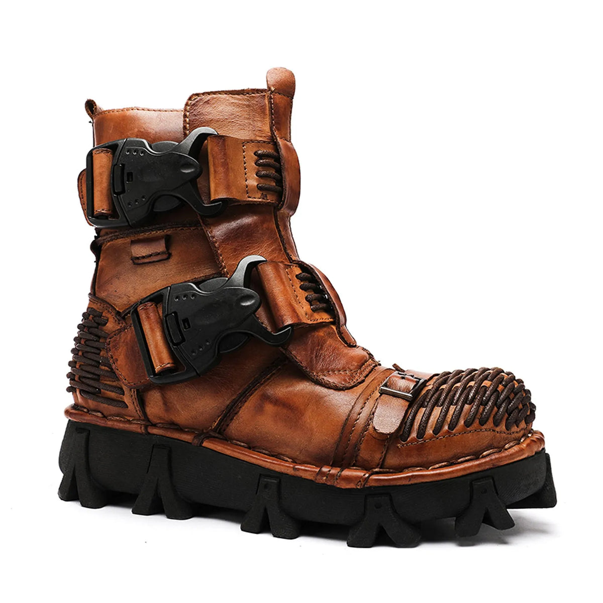 Men's cowhide motorcycle boots, mid-calf lace-up, black or brown leather upper, rubber sole