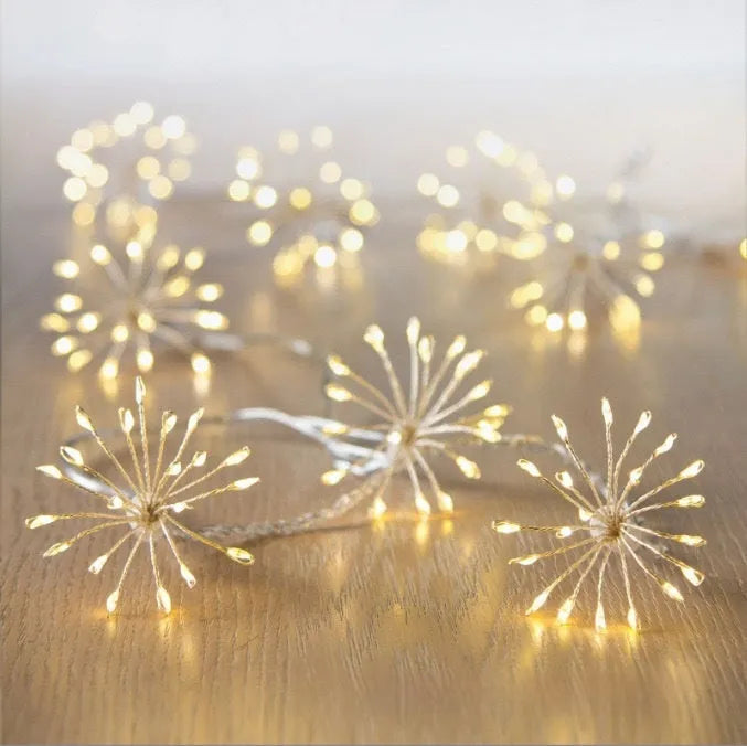 Dandelion LED solar fireworks lamp in flower shape, 6.25m length, with warm white or colourful 100 or 200 LED options