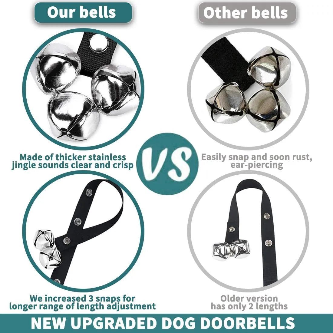 Seven silver metal dog training bells on an adjustable black nylon leash