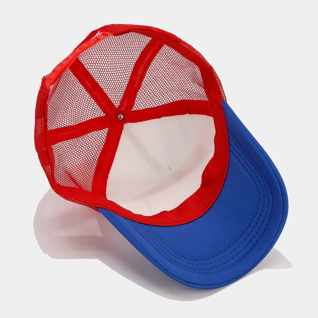 Red and blue mesh cotton baseball cap with dome crown and adjustable size