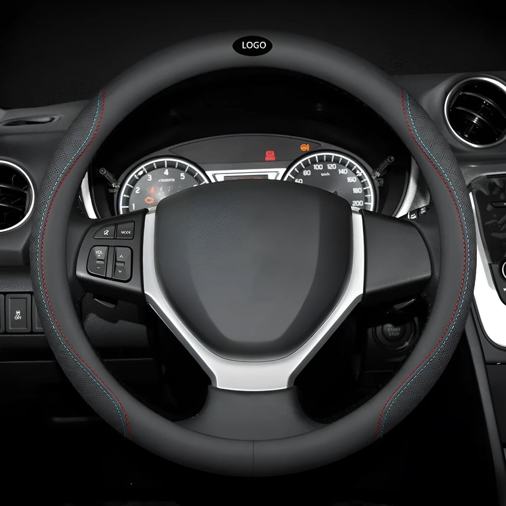Black universal car steering wheel cover with stitch detailing, shown fitted on a 38cm wheel.