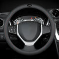 Black universal car steering wheel cover with stitch detailing, shown fitted on a 38cm wheel.