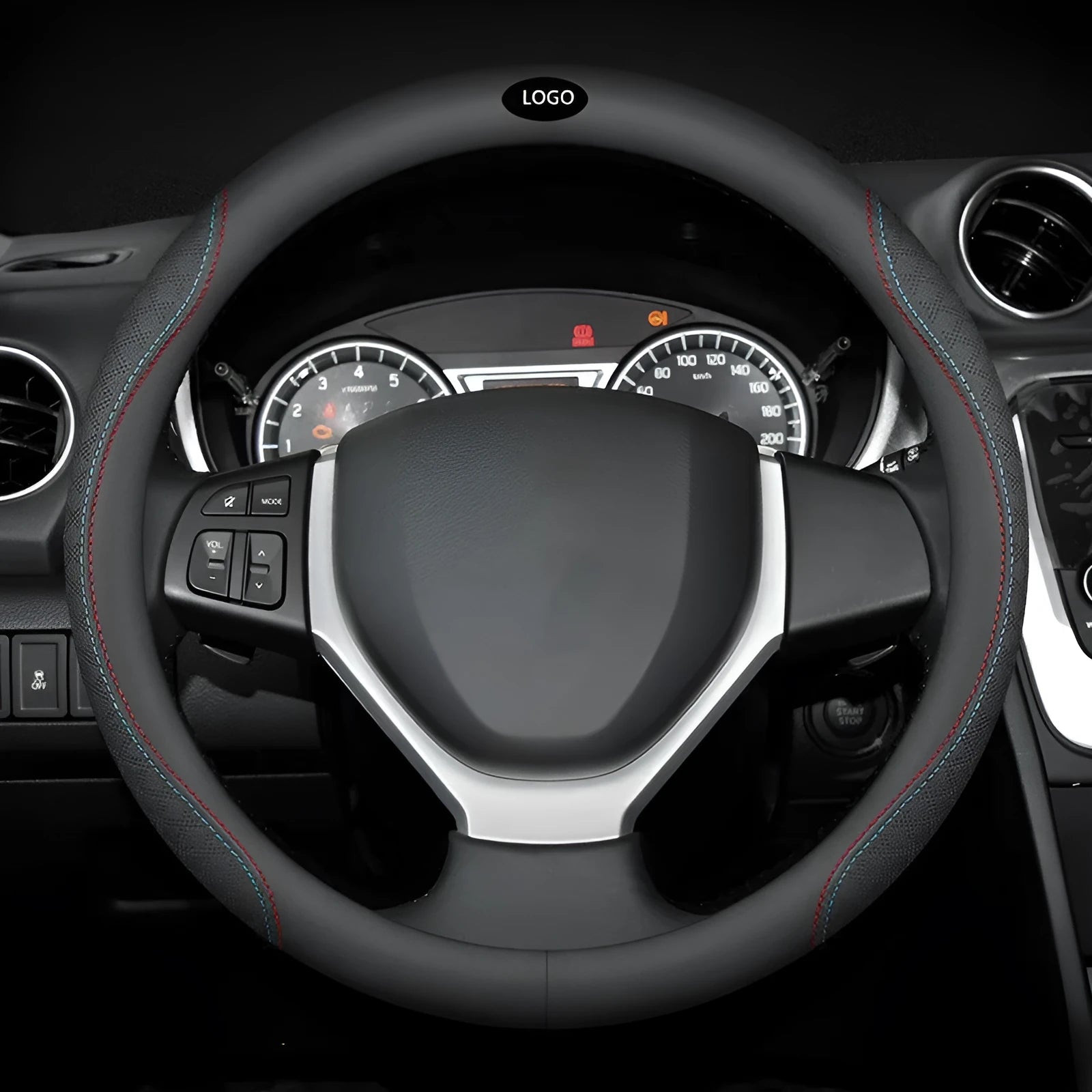 Black universal car steering wheel cover with stitch detailing, shown fitted on a 38cm wheel.